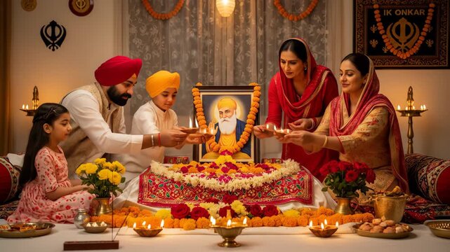 Sikh Family Celebrating Guru Nanak Jayanti with Deepmala Lighting Ceremony and Traditional Offerings in a Warm and Reverent Setting