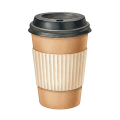 Watercolor Illustration of a Takeaway Coffee Cup with Black Lid