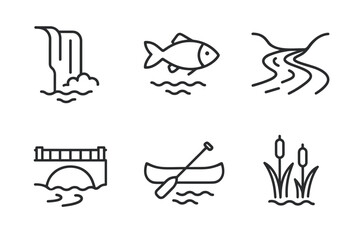 Outdoor adventure icons: waterfall, fish, river, dam, canoe, wetlands