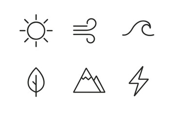 Minimalist icons representing sun, wind, wave, leaf, mountain, and lightning