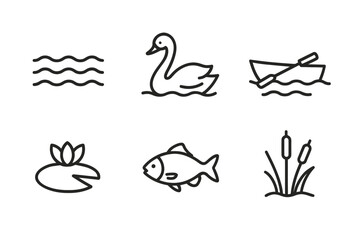 Simple line art of lake elements: swan, boat, fish, waves, lily pad, reeds