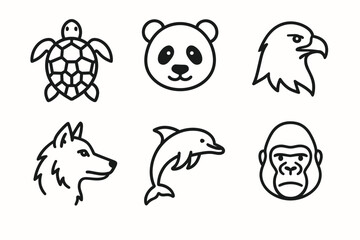 Animal icons: turtle, panda, eagle, wolf, dolphin, gorilla in line art style