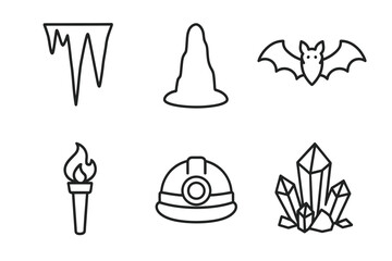Cave exploration icons: stalactite, stalagmite, bat, torch, helmet, crystals