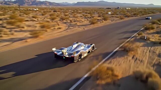 Silver prototype race car speeds down desert track, showcasing speed, performance, and motorsport engineering.