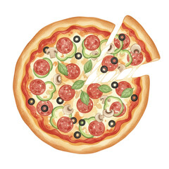 Watercolor Illustration of Supreme Pizza with Vegetables and Pepperoni