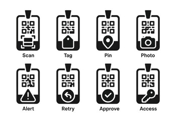 Qr code icons for scan, tag, pin, photo, alert, retry, approve, access