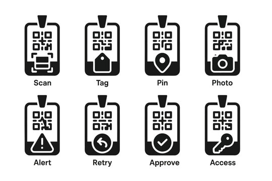 Qr code icons for scan, tag, pin, photo, alert, retry, approve, access