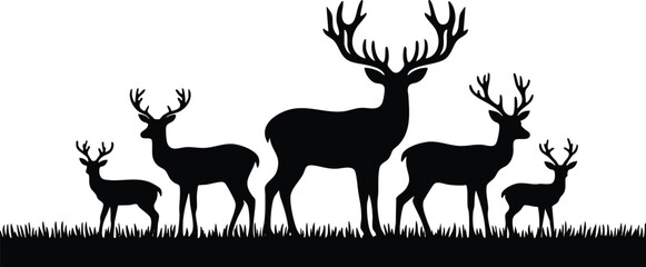 Horizontal deer landscape row border silhouette vector illustration isolated on white background