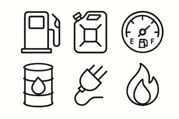 Icons of fuel pump, gas can, gauge, oil barrel, plug, and flame