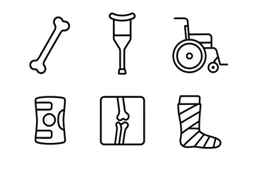 Medical orthopedic icons: bone, crutch, wheelchair, brace, x-ray, cast