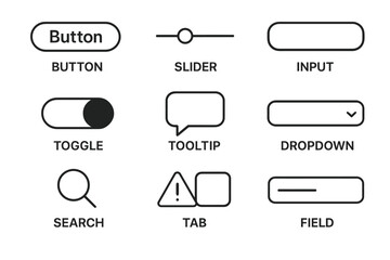 User interface elements: button, slider, input, toggle, tooltip, dropdown, search, tab, field icons