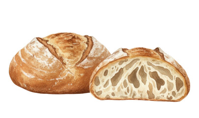 Watercolor Illustration of Artisan Rustic Bread Loaf with Cross Section