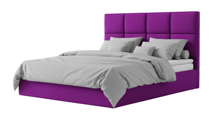 Isolated upholstered purple bed with a padded headboard and light-gray bedding indoors