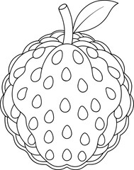 Black and white line drawing of atemoya fruit showing textured surface and leaf detail for educational artwork