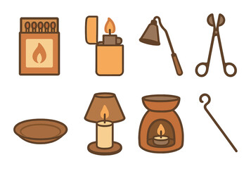 Warm lighting elements illustration with matches, candle, oils, scissors, extinguisher, lighter