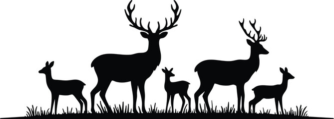 Horizontal deer landscape row border silhouette vector illustration isolated on white background