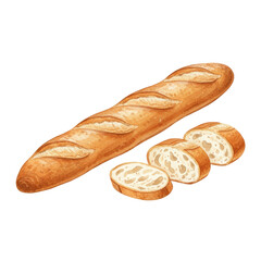 Watercolor Illustration of French Baguette with Three Slices