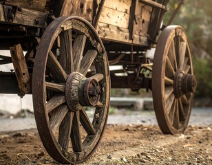 Fototapeta premium Old Wooden Cart Wheels Close Up.