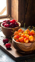 Fresh cherries in wooden bowls