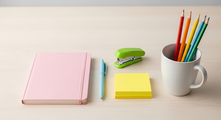 A simple desk setup featuring a pink notebook, a blue pen, a green stapler, yellow sticky notes, and a mug filled with colored pencils, all neatly arranged on a lightcolored wooden surface, creating a