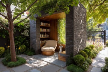 A tranquil space featuring a comfortable chair and bookshelves nestled among vibrant plants and trees in an urban garden setting