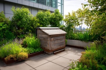 A rustic wooden shed sits in a vibrant rooftop garden filled with various plants, offering a tranquil escape with city views above