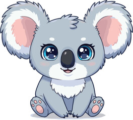 Cartoon koala illustration, cute gray animal with blue eyes, sitting pose, vector drawing, children’s character, white background, pet content