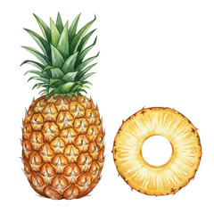 Watercolor Illustration of Whole Pineapple and Pineapple Ring Slice