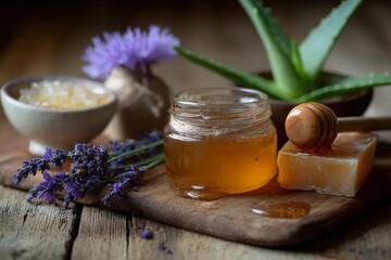 A wooden table showcases honey in a jar, aloe vera leaves, lavender flowers, and a small bowl of sugar, creating a relaxing atmosphere