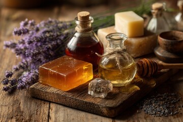 Various natural soap making ingredients including lavender flowers, honey, oils, and soap bars arranged on a rustic wooden surface