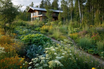 A stunning garden flourishes with various flowers and lush greenery, while a modern house stands proudly amidst the vibrant landscape during daylight
