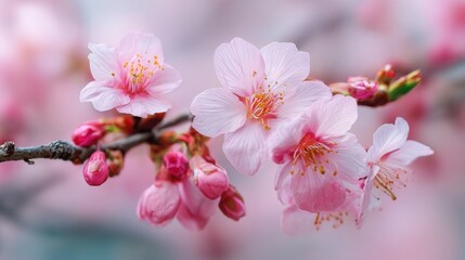 Naklejka premium A branch adorned with delicate pink cherry blossoms and unopened buds captures the essence of spring. The soft background enhances the vibrant colors and tranquility of nature.