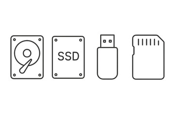 Line art of storage devices: hard drive, ssd, usb flash drive, sd card