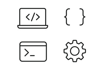 Minimalist coding and programming icons: laptop, braces, terminal, and gear