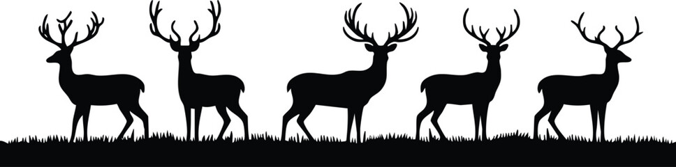 Horizontal deer landscape row border silhouette vector illustration isolated on white background