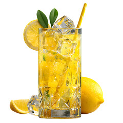 Sparkling Lemonade with Ice Cubes and Straw in Glass, Refreshing Drink, isolated on transparent background
