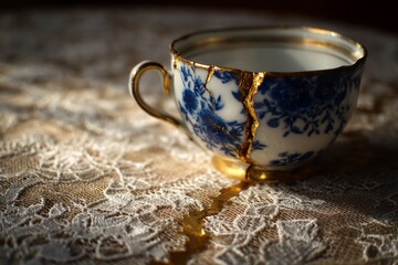 A delicate porcelain teacup adorned with gold accents rests on a lace tablecloth, showcasing its intricate patterns and elegant design