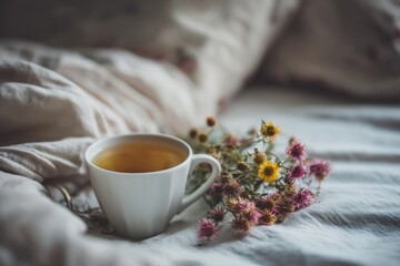 A cup of warm tea sits beside vibrant wildflowers on soft bedding, evoking a peaceful morning vibe in a bright bedroom