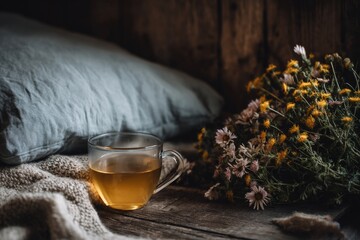 A cozy setting features a warm cup of herbal tea next to a soft blanket and a bouquet of fresh flowers, enhancing afternoon relaxation