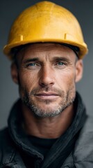 Construction Worker portrait: A close-up shot of a construction worker wearing a yellow hard hat, revealing the dedication and strength of someone on the job.