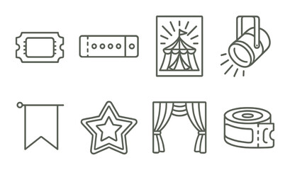 Circus icons set: tent, stage, ticket, star, banner, spotlight, curtain, tape