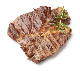 Delicious grilled beef steak with rosemary isolated on white, top view