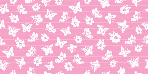 Seamless butterfly pattern. A repetitive cute background with hand-drawn butterflies, flowers. The repetitive linear design of modern pink colors for print. naive art design for print, paper, textile