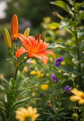 Obraz premium Radiant orange lily amidst a vibrant tapestry of blooming garden flowers under soft sunlight
