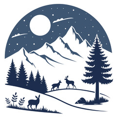 Winter landscape with snowy trees and Christmas tree