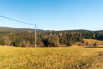 Autumn bellow Lysa hora hill in Moravskoslezske Beskydy mountains in Czech republic