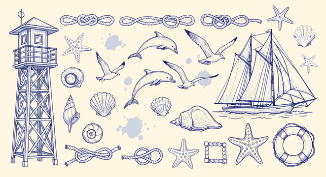A collection of nautical-themed illustrations featuring a lighthouse, sailboats, dolphins, seagulls, seashells, starfish, knots, and a life preserver.