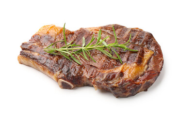 Delicious grilled beef steak with rosemary isolated on white