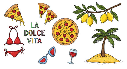 Illustration of Italian summer vacation with pizza, lemons, bikini, and palm tree.