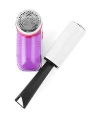 Lint roller and fabric shaver isolated on white, above view